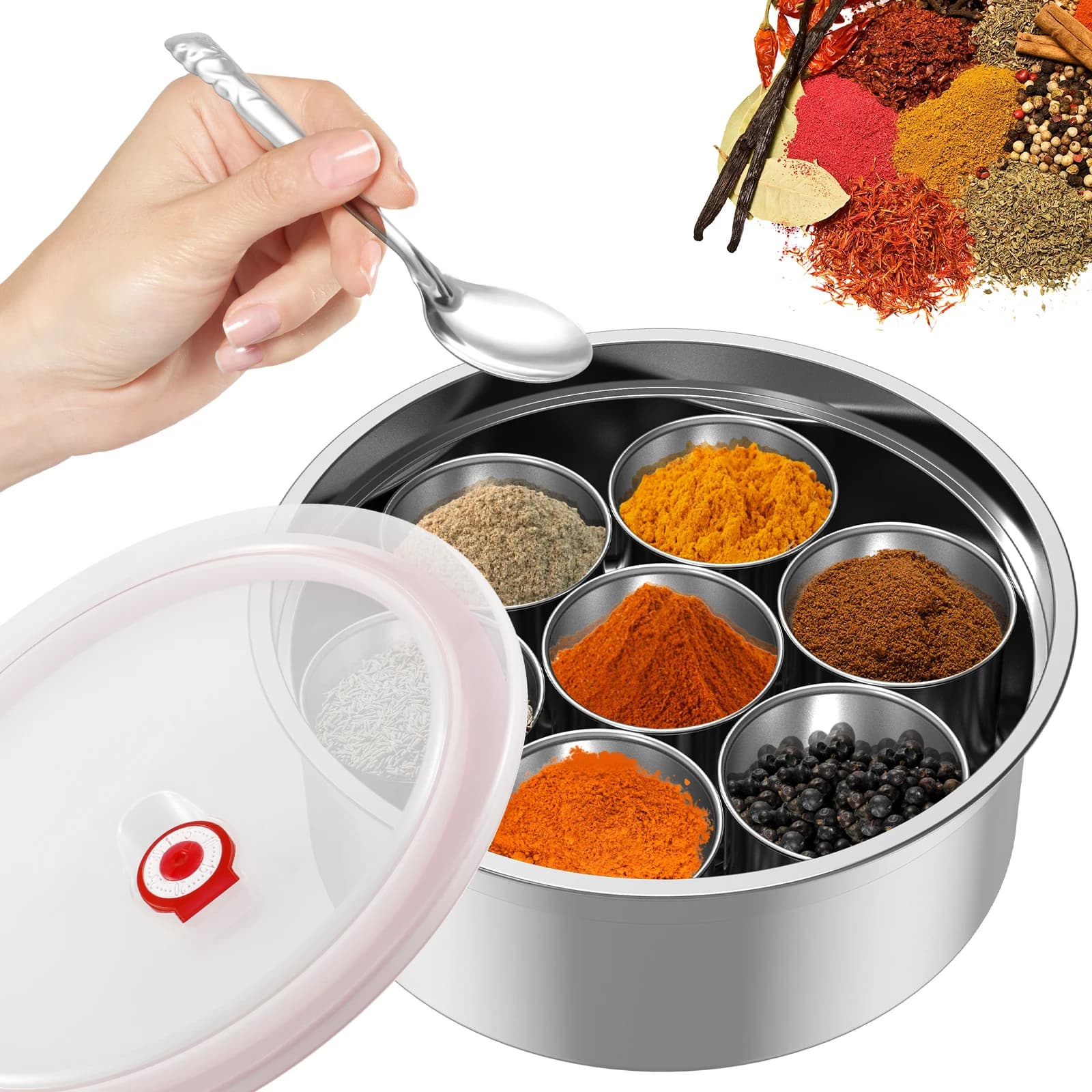 Seven Compartment Transparent Seasoning Box with Spoon Lid and Storage Base, Salt, Sugar, MSG 7 in One Storage Container