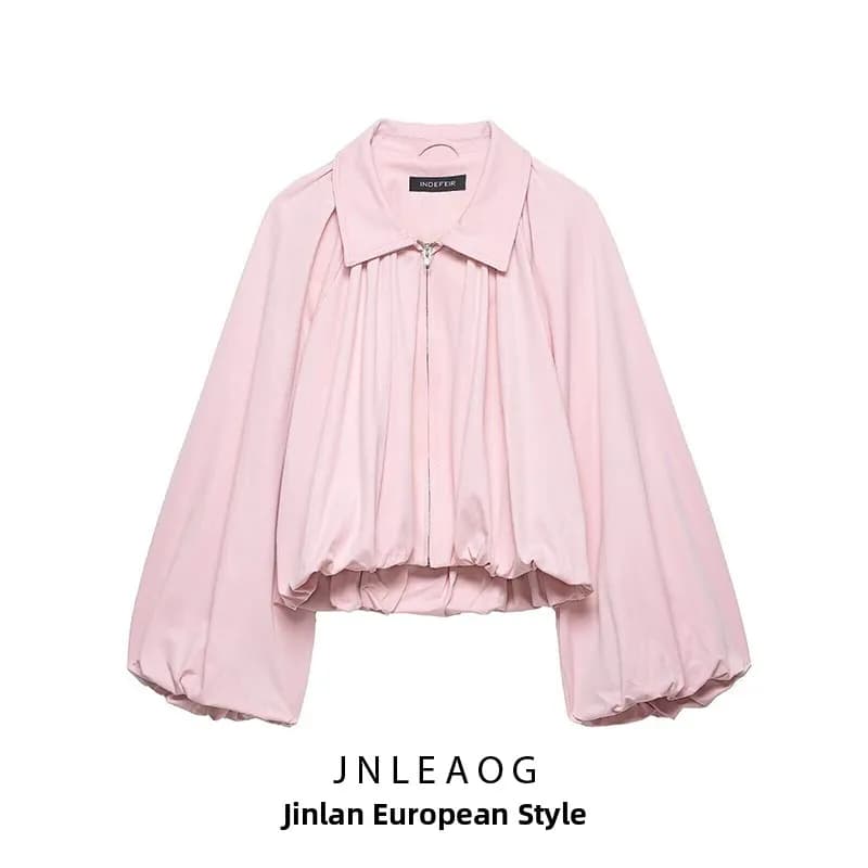 Fashionable Balloon Sleeve Pilot Jacket Outerwear JNLEAOG Spring New Women's Polyester Standard Fit Zipper Closure No Hat