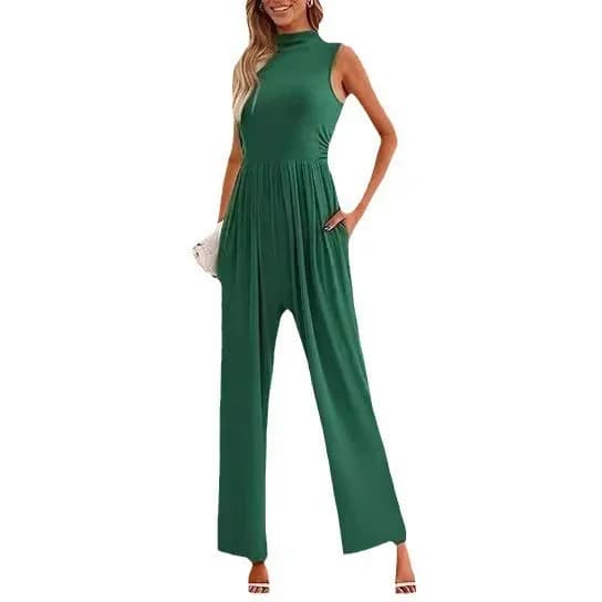 Elegante tuta estiva senza maniche a gamba larga, tuta formale casual con tasche, tuta chic da ufficio con cintura per donna