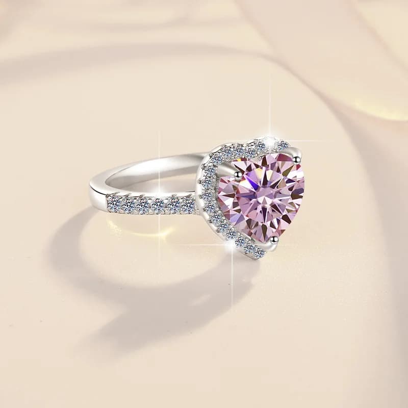 Anello di Lusso a Cuore Rosa per Donna, Moissanite 2CT in Platino PT950 - Cuore Rosa Lussuoso e Glamour, Scintillio 2CT, Opzione Regalo per le Feste