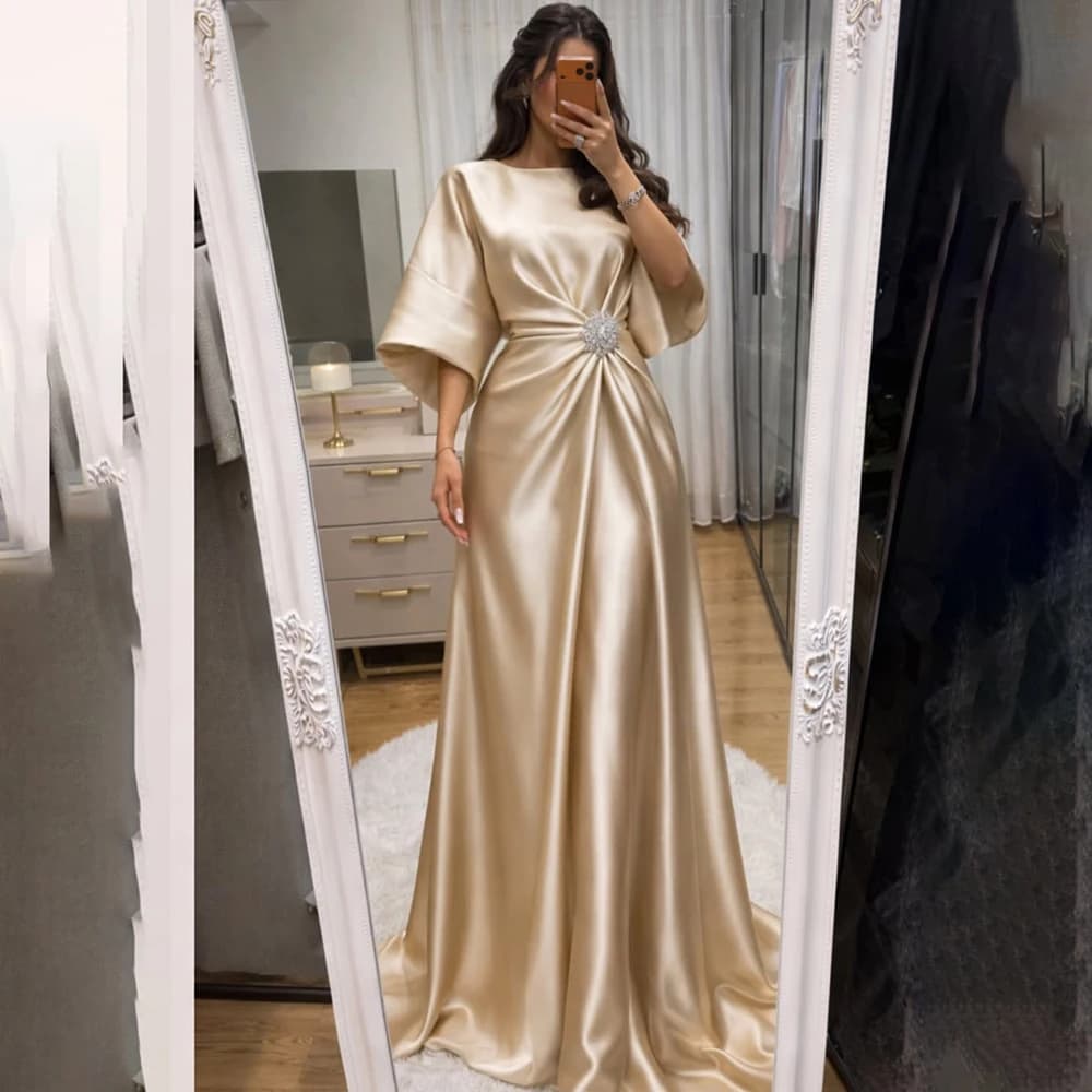 Eleganti Abiti da Sera Color Champagne, Vestiti Formali con Collo a O, Mezza Manica, Lunghezza a Terra, Strascico, per Occasioni Speciali, Abito Lungo da Donna