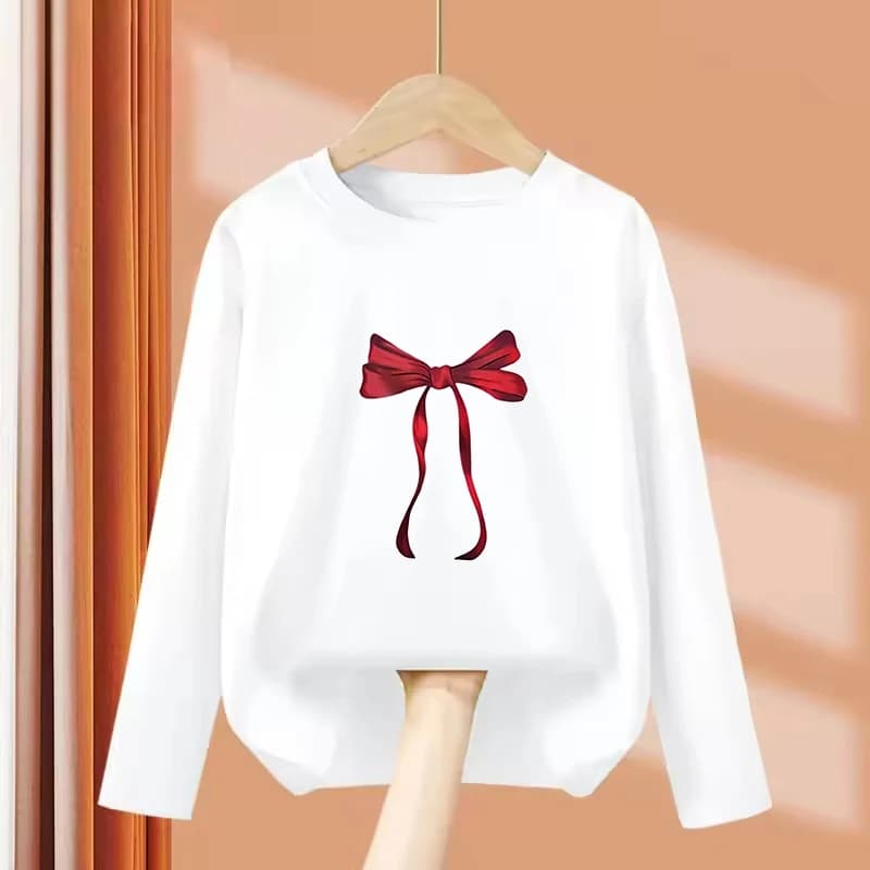 T-shirt divertente stampata con fiocco rosso Y2K, maglietta grafica a maniche lunghe per bambini e bambine, top casual estivo primaverile