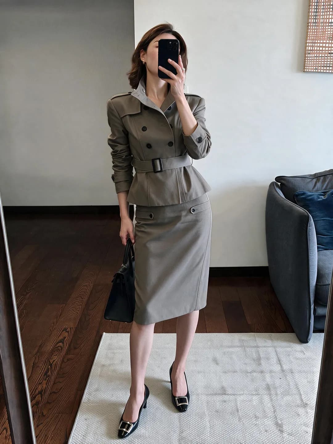 Fashionable Belted Women's Set High Intelligence Old Money Style Slim Fit Jacket Skirt Two Piece Set Korean Style Casual Wear