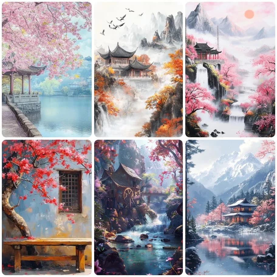 Cherry Blossom Pavilion Waterfall Mountain Water Diamond Painting, Oriental Landscape Wall Decor For Home Living Room Gift
