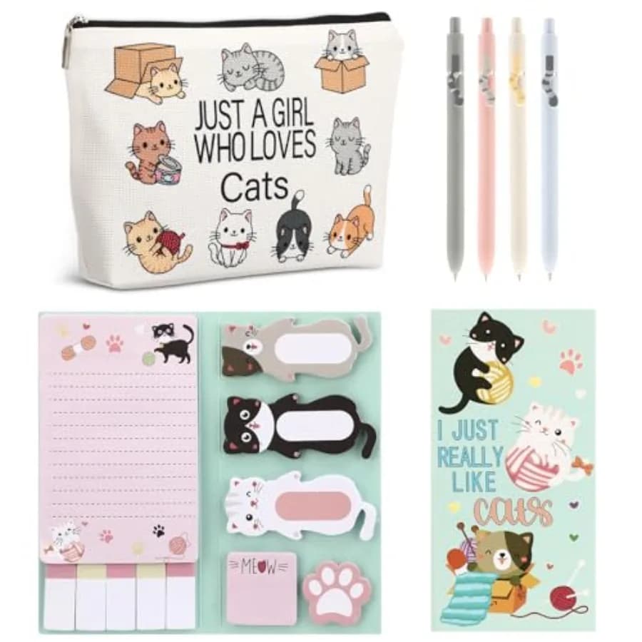 6 Pcs Cute Cat Stationery Set Pens Sticky Notes Makeup Bag Pencil Pouch for Girls Women Cat Lovers Christmas Gifts School Offic