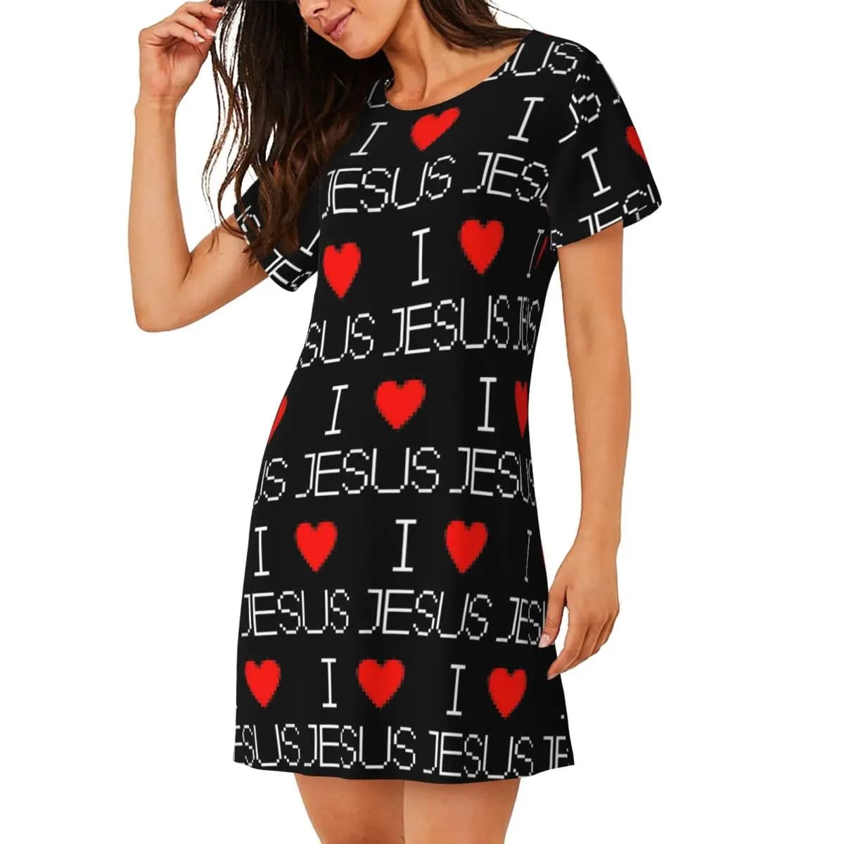 Camicia da notte personalizzata con stampa di croci e scritta I Love Jesus God, a maniche corte, per donna, pigiama ampio.
