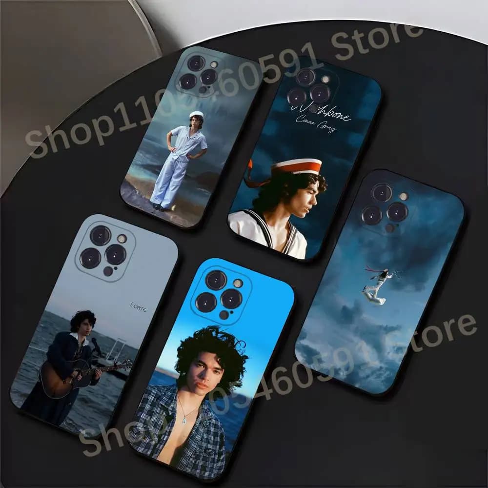 Cover per telefono C-Conan Grey Wishbone per iPhone 17, 16, 15, 14, 13, 12, 11, XR, Pro, Max, Plus, Mini, in silicone nero