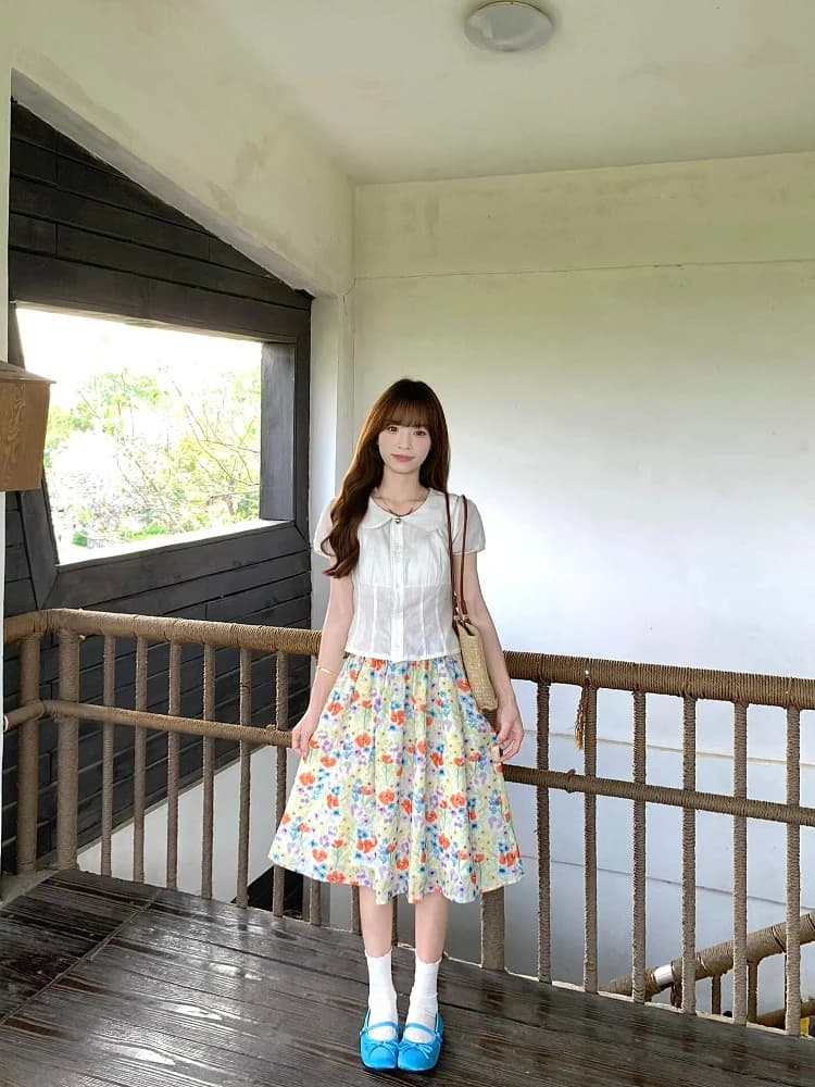 Korean Style Short Sleeve Doll Collar Shirt Women's Floral Half Skirt Two-Piece Set Summer Fashion Casual Wear for Young Ladies
