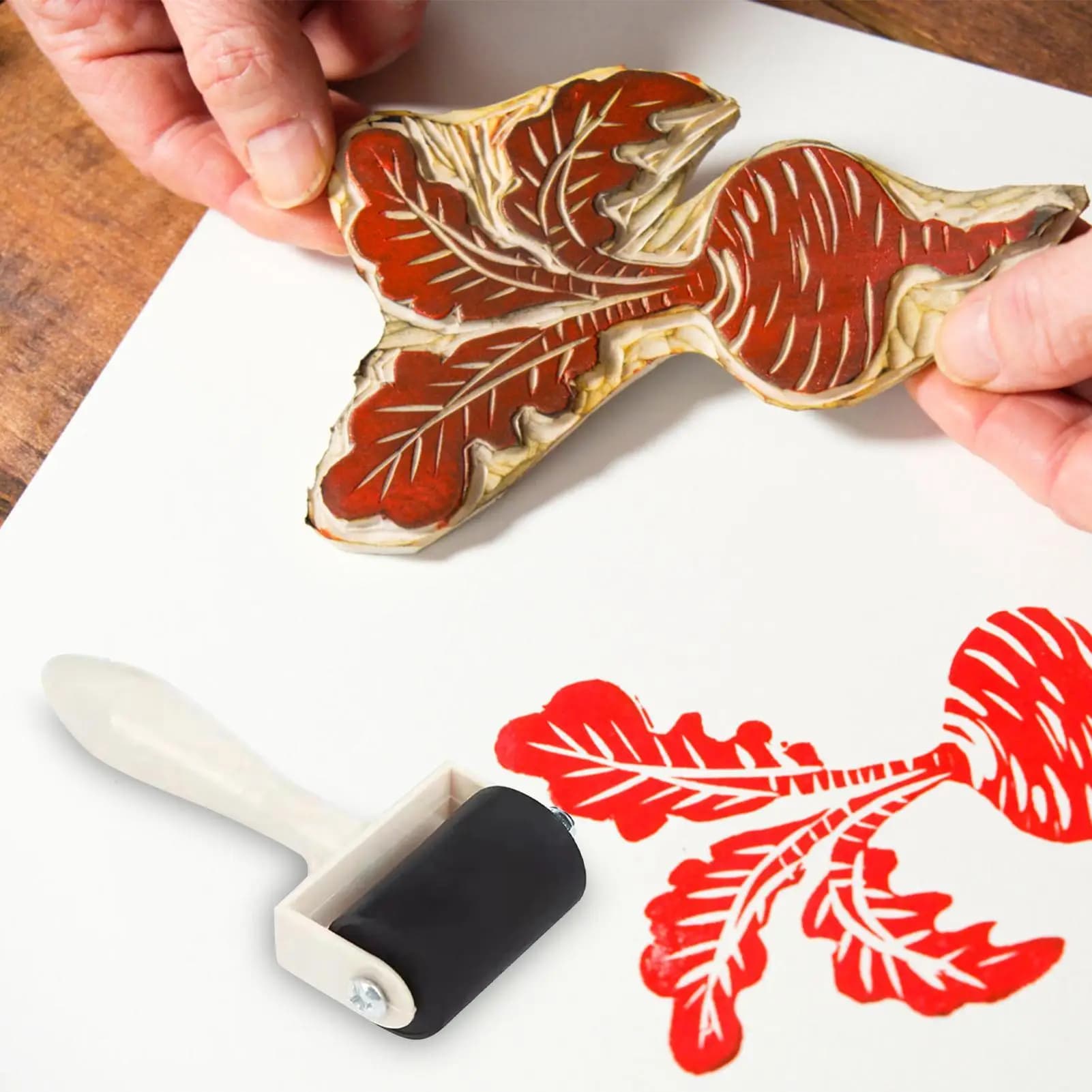 Rullo in gomma con manico in legno, strumento artistico per la stampa, spazzola per inchiostro, gomma per cancellare, facile da pulire, strumento per la stampa artistica, rullo in gomma