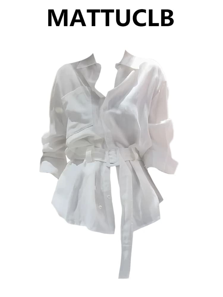 Camicia a maniche lunghe vintage francese autunnale Camicetta a tunica Old Money Top tinta unita con cintura Elegante design High Street Vacation Nuovo