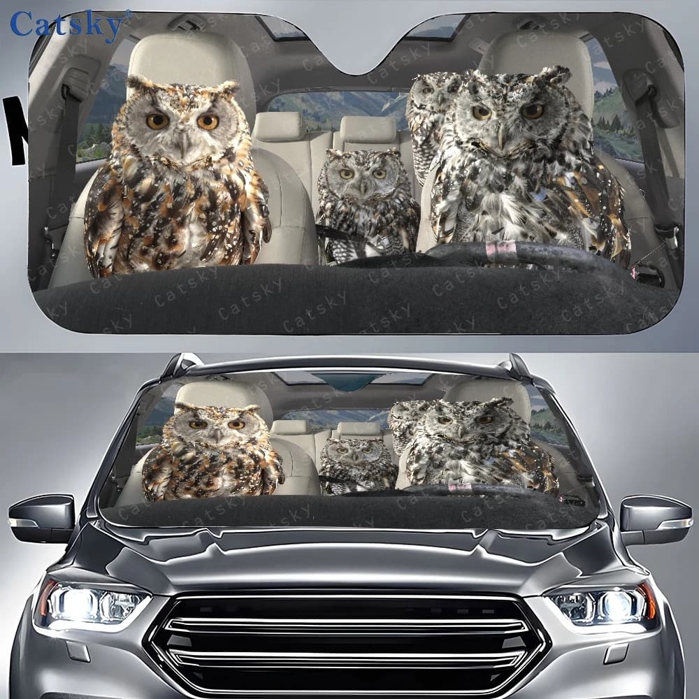 Gruppo di gufi seduti sul sedile posteriore di un'auto, parasole per auto, copertura parasole per il finestrino anteriore dell'auto, parasole per auto.