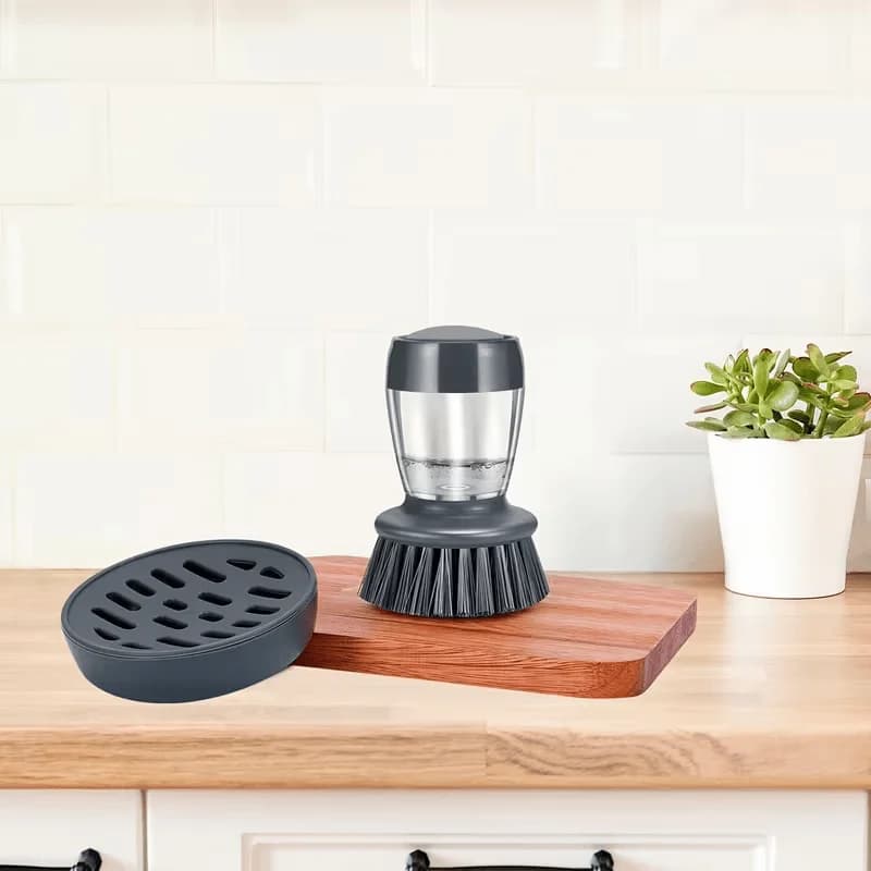Manual Pot Cleaning Tool | Durable Plastic Brush with Built-in Soap Dispenser and Liquid Dispenser, Multifunctional for Kitchen