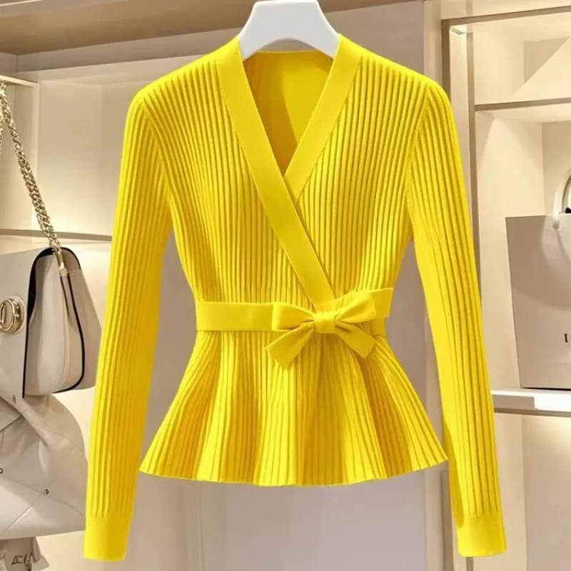 Maglione lavorato a maglia con fiocco temperamento elegante moda coreana da donna Office Lady Chic scollo a V manica lunga pullover sottile top maglione solido