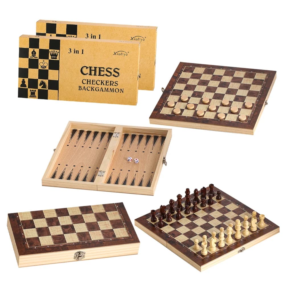 Modello di set di scacchi e backgammon da donna 3 in 1 in legno adatto per feste da viaggio regalo di gioco di scacchiera pieghevole portatile