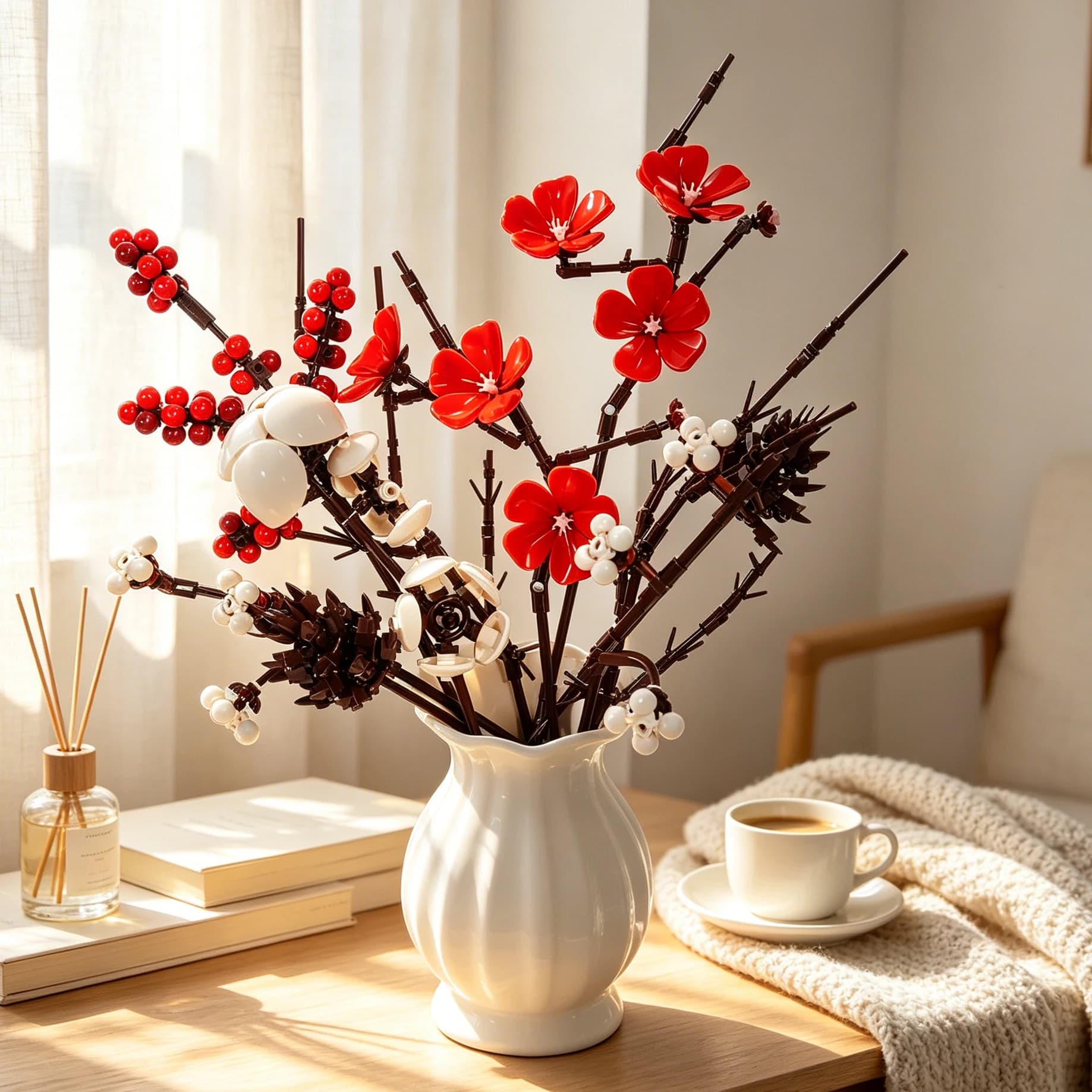 536-Piece Red Plum Blossom Building Block Bouquet Set, with Red Fruit and Dried Branches in Chinese Style, Assembled Everlasting Flowers, Artificial Flower Decoration Pieces, Home Decoration Ornaments, Ideal Gift for A