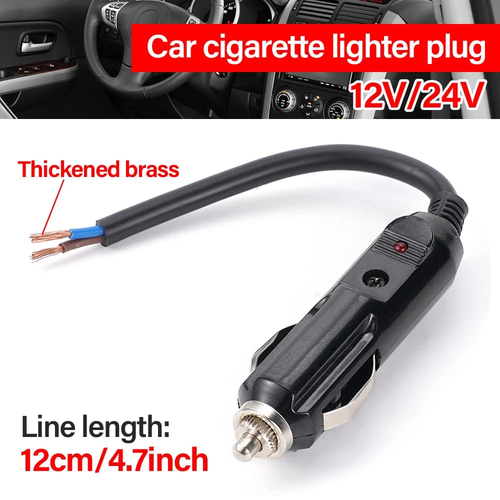 12V to 24V cigarette lighter adapter with light indicator, male connector for vehicles, cigarette lighter charger.