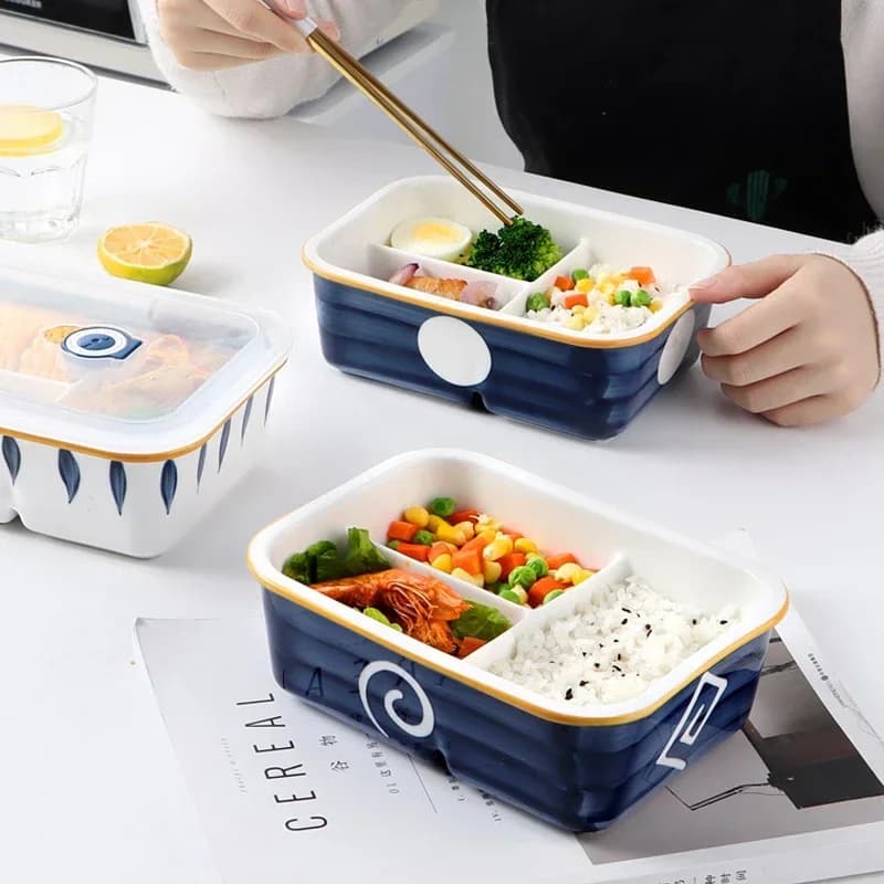 Japanese-style Ceramic Separated Lunch Box Rectangular with Lunch Microwave Box Heating with Lid Storage Tableware