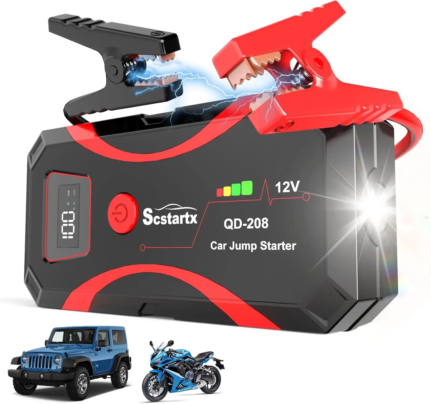 Avviatore di emergenza per batteria per auto 208, picco 2000 A, scatola di emergenza portatile da 12 V per moto fino a 7 litri a gas, 4 litri, torcia 3 in 1 e vongole di sicurezza