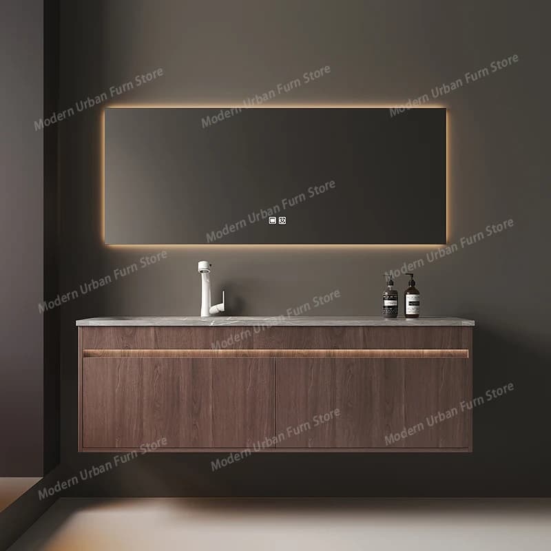 Mobili da Bagno di Lusso, Armadietti con Lavabo Integrato in Lastra di Roccia, Mobile Lavabo Moderno in Legno Massello