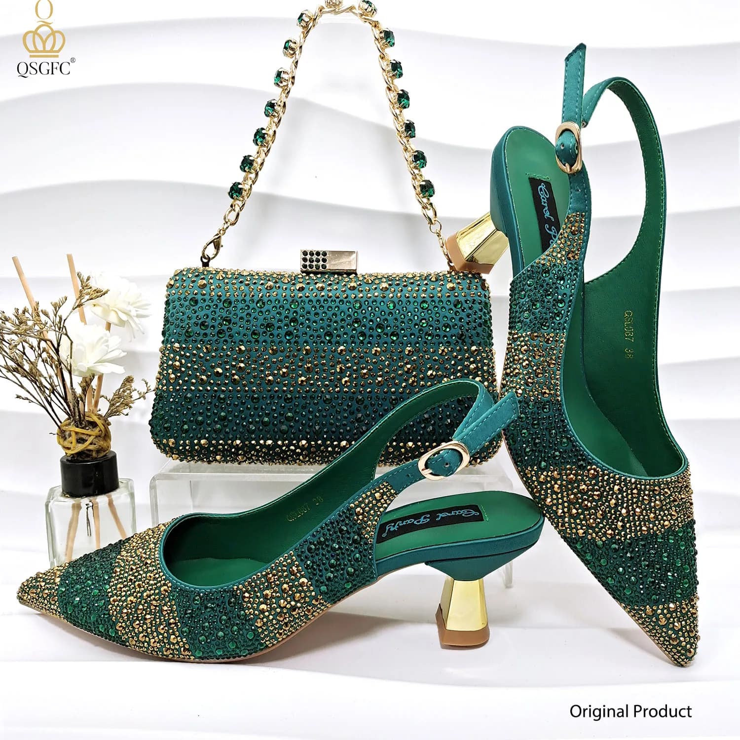 QSGFC Set di scarpe e borse verdi da donna nigeriane con tacco da donna, design italiano, decorate con borsa con strass, festa di nozze