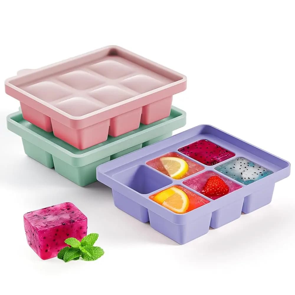 Set di 3 Stampi per Cubetti di Ghiaccio in Silicone, 6 Stampi Flessibili per Cubetti di Ghiaccio con Coperchio Rimovibile, Riutilizzabili e Impilabili per Freezer