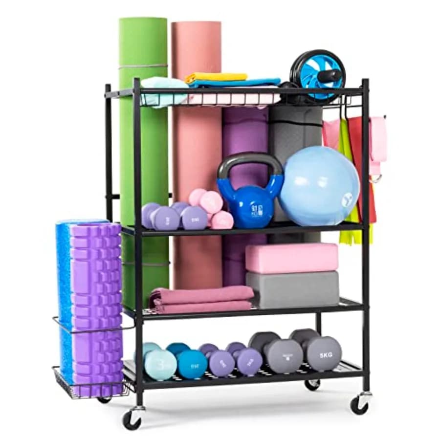 Portaoggetti per tappetini yoga, organizer per attrezzature da palestra domestica, porta foam roller, manubri, kettlebell, tutto in uno.