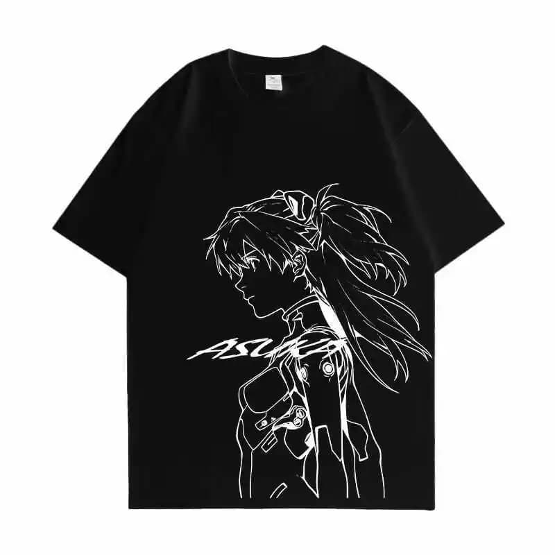 T-shirt Asuka Unit-01 a maniche corte in puro cotone pesante EVA Anime Summer New Mecha Top ampio con spalle scoperte per uomo e