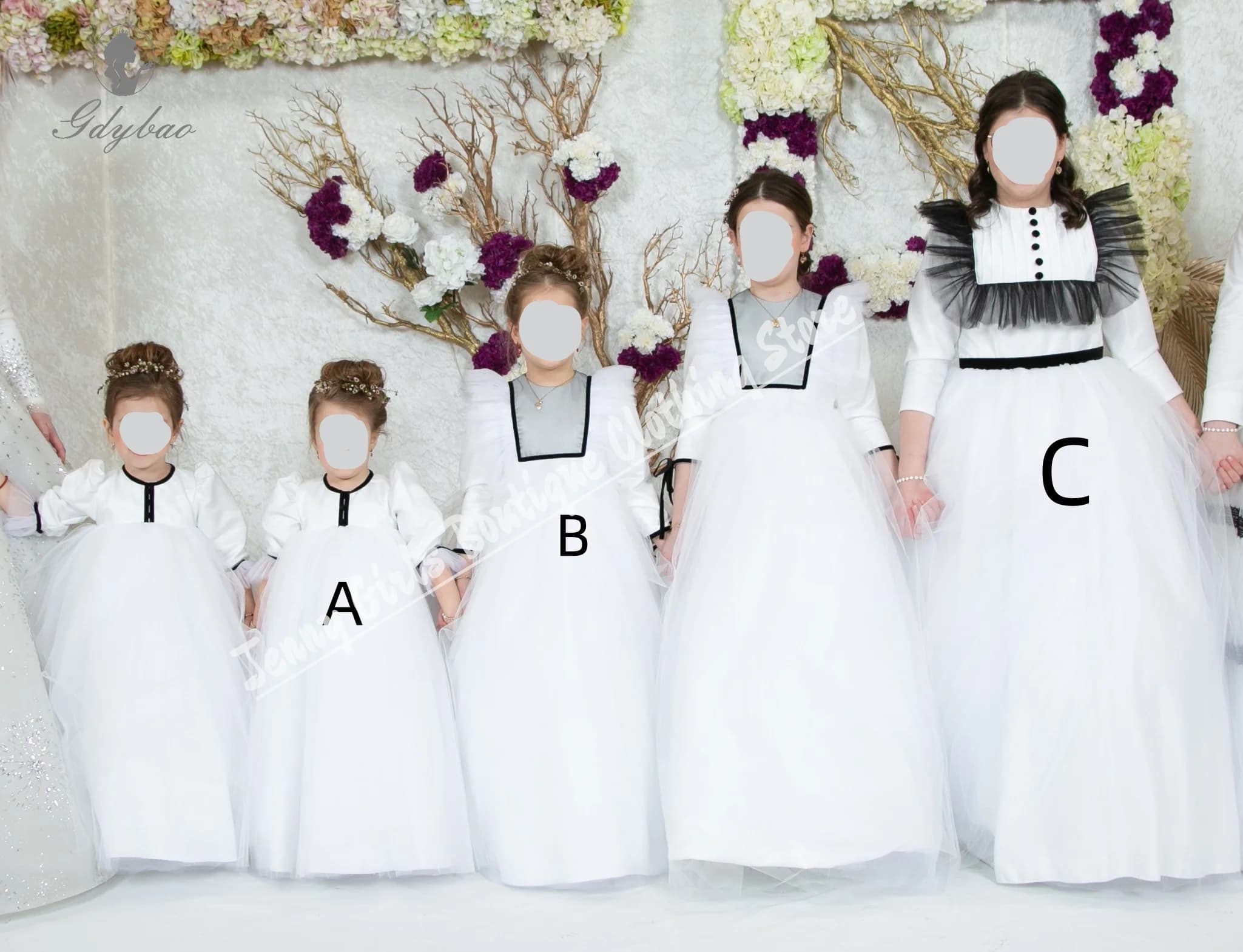 Abito da ragazza di fiore bianco con maniche corte a sbuffo, colletto nero, adatto per matrimoni, feste di compleanno di principesse