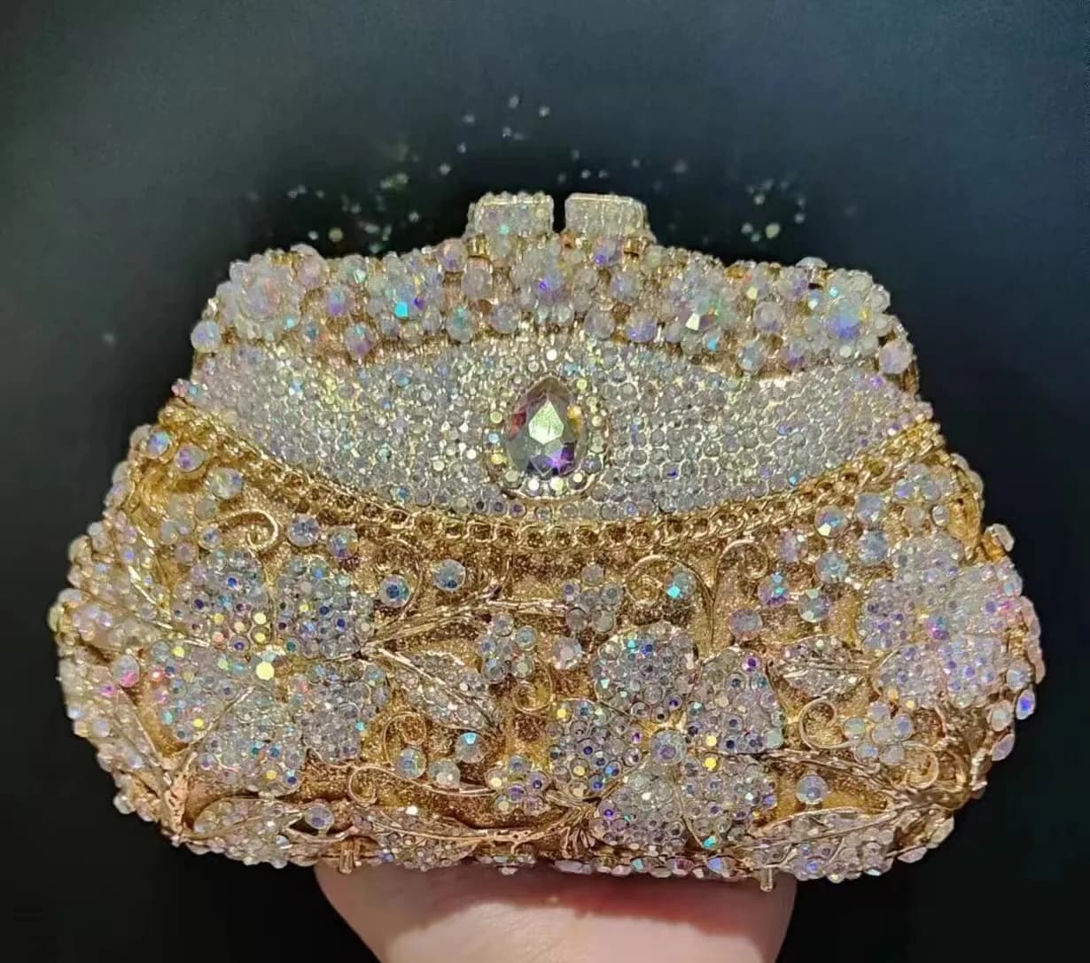Borsa da Sera in Metallo Dorato con Fiori e Diamanti, Pochette da Cerimonia con Cristalli per Donne, Borsetta da Festa con Strass, Clutch Formale da Ballo