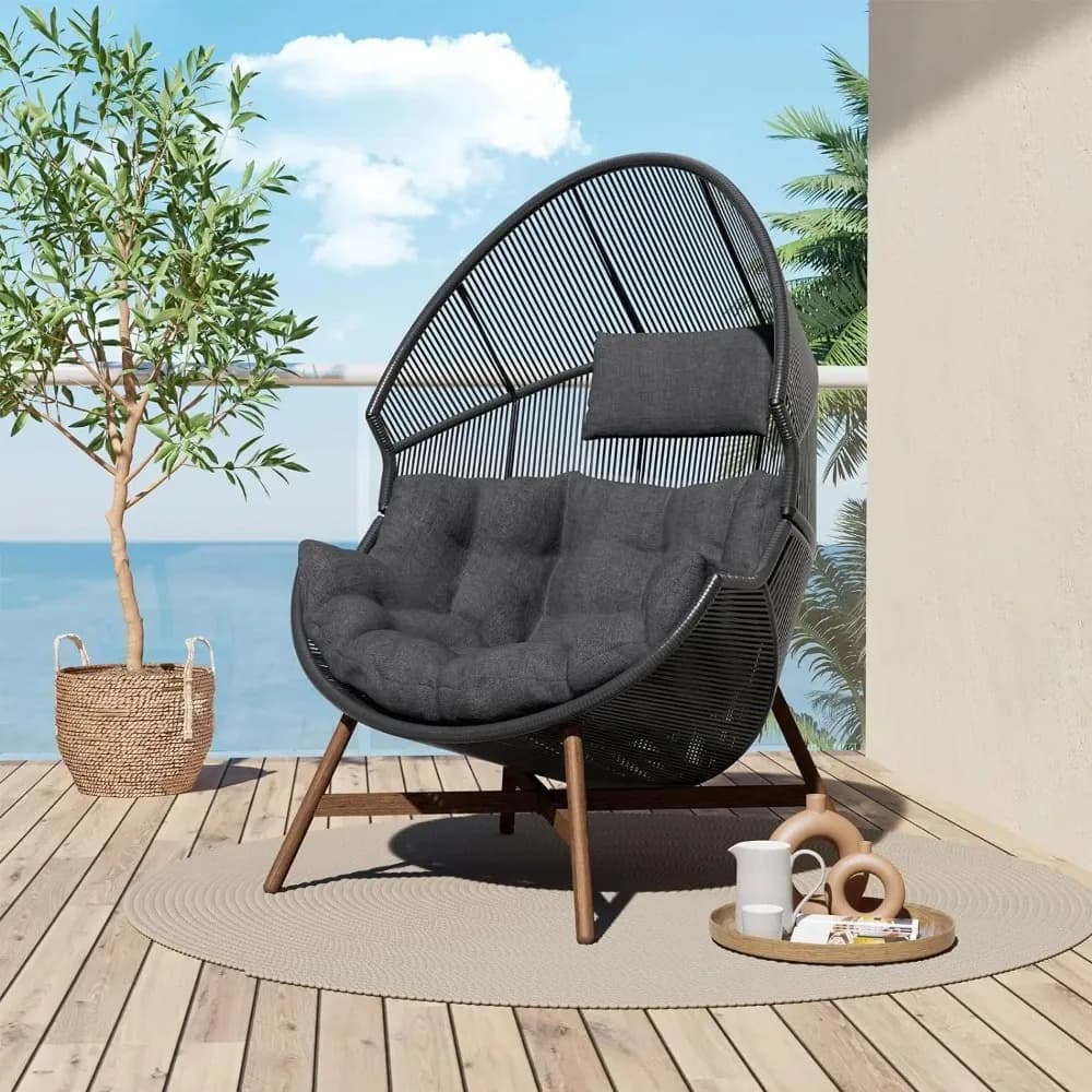 Outdoor chair for eggs, PE wicker, wood vein finish, comfortable conversation chair with olefina cushion, oversize deck chair