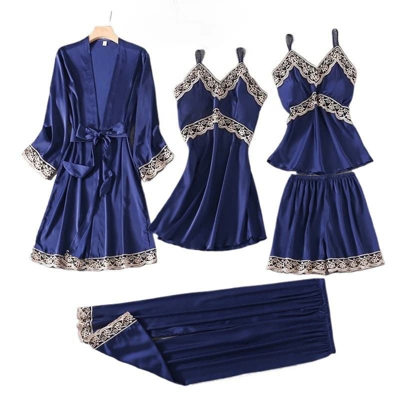 Nuovo Set Pigiama da Donna in Cinque Pezzi, Stile Europeo e Americano, Abbigliamento da Casa Primaverile e Autunnale, Taglie Grandi, Morbido e Confortevole