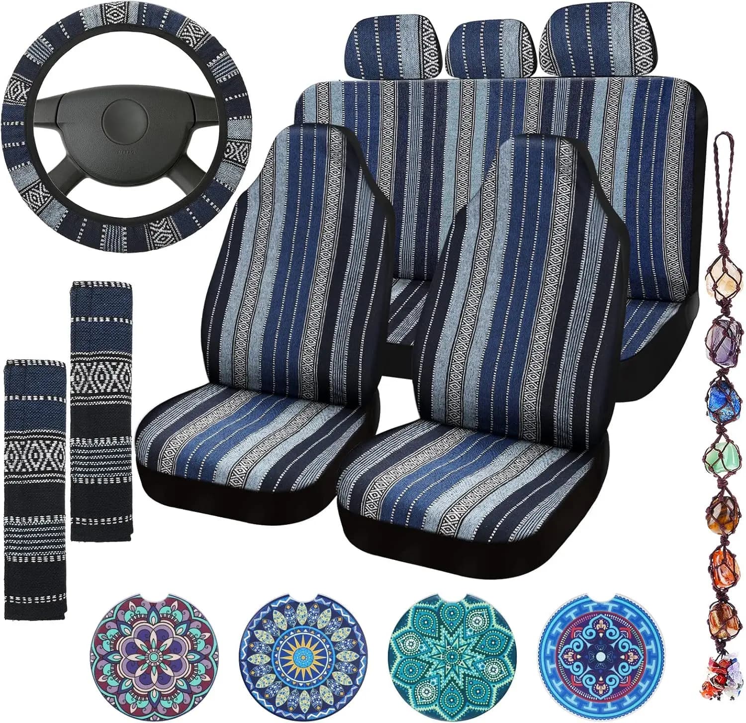 Coprisedili per Auto Boho a Righe Set Completo con Coprivolante e Accessori per la Maggior Parte delle Berline