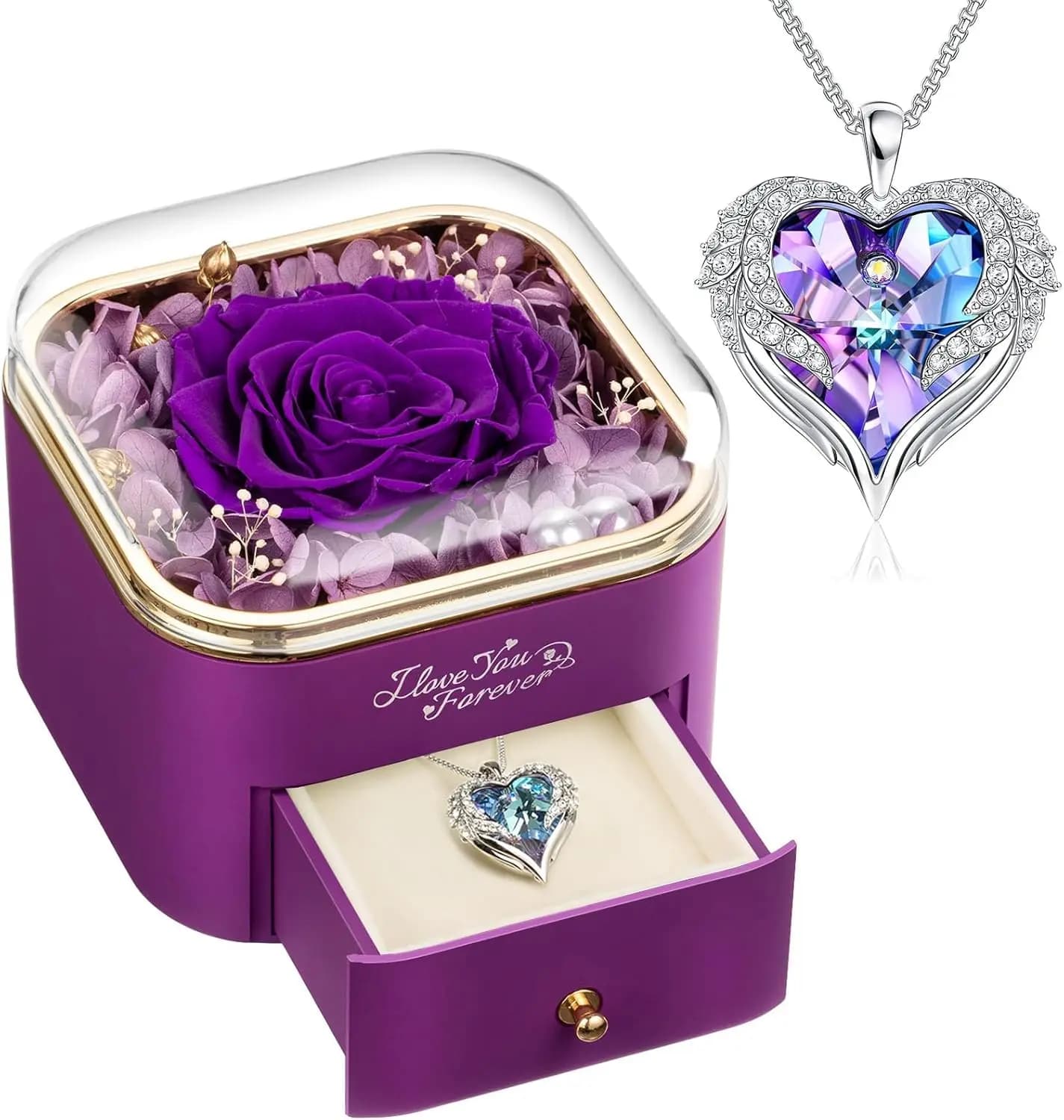 Collana con rosa viola eterna e ali d'angelo, regalo perfetto per le donne a San Valentino, festa della mamma, anniversario o compleanno