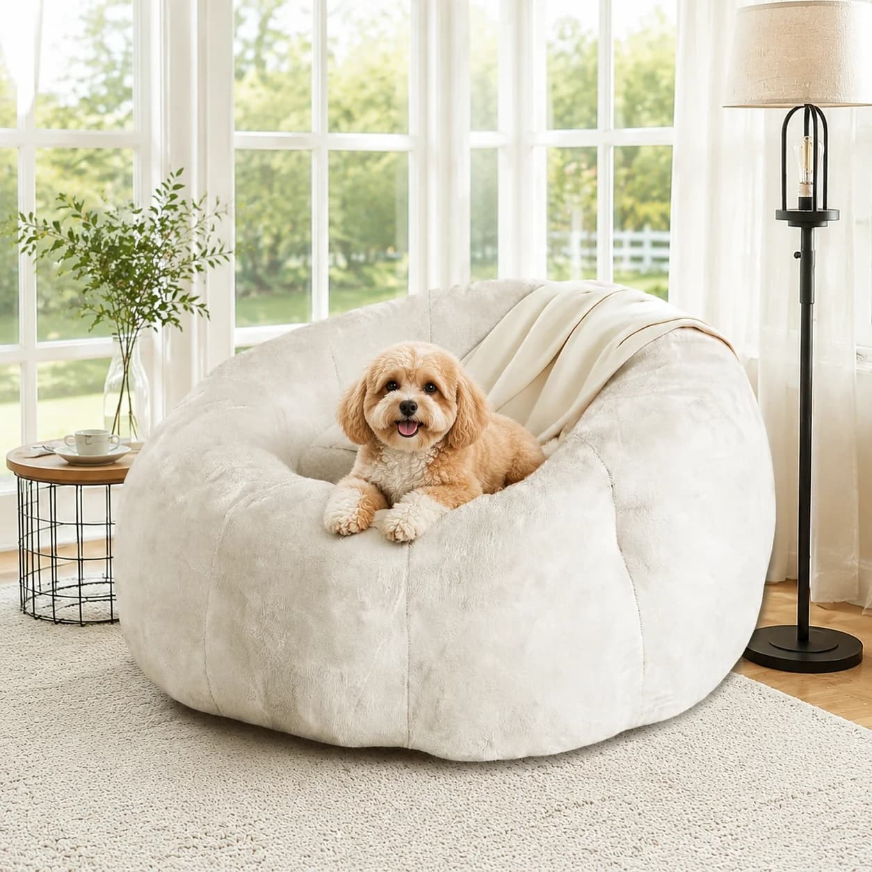 Curved Fluffy Bean Bag Chair, 3-Point Support, Sponge Vacuum Compressed, Non-Slip Base No Assembly Bedroom Reading Gaming