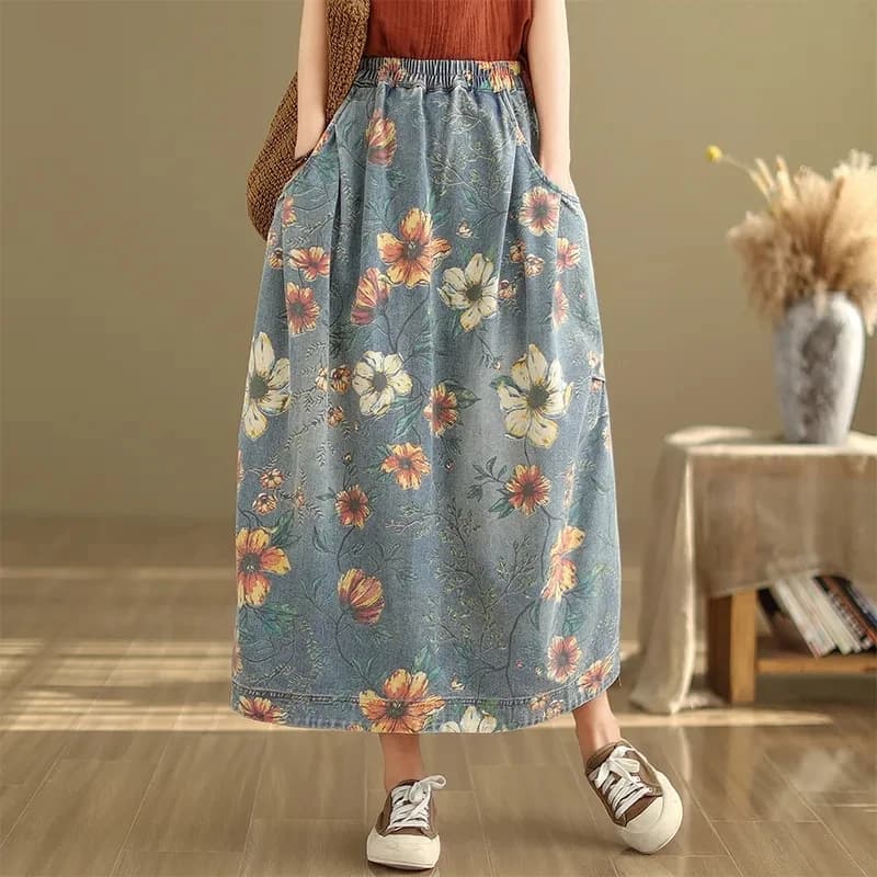 Fashion New Casual Retro Print Denim Skirt Female Spring And Summer Fat Loose Joker Cover Hip Slim Comfortable Print Long Skirt