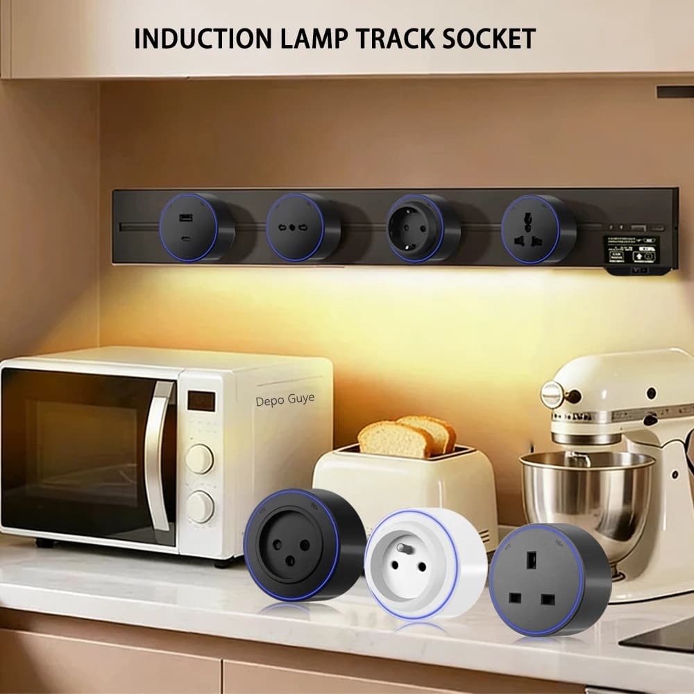 Presa Elettrica a Muro con Lampada a Induzione, Adattatore Rimovibile EU/FR/Russo/Israele/Italia, Presa Universale UK con USB