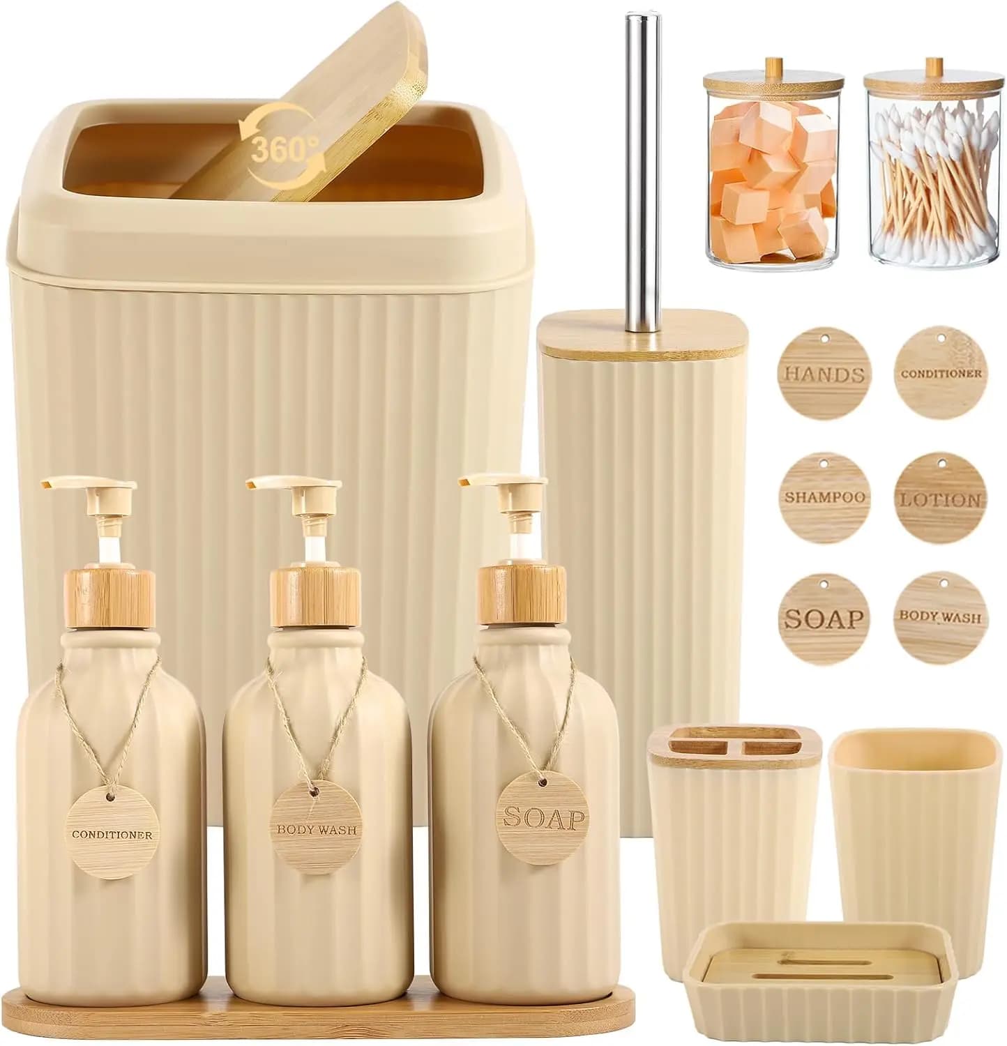 Set di 17 Accessori Bagno Beige con Cestino, Dispenser Sapone, Portaspazzolino e Etichette in Legno per Cucina e Bagno