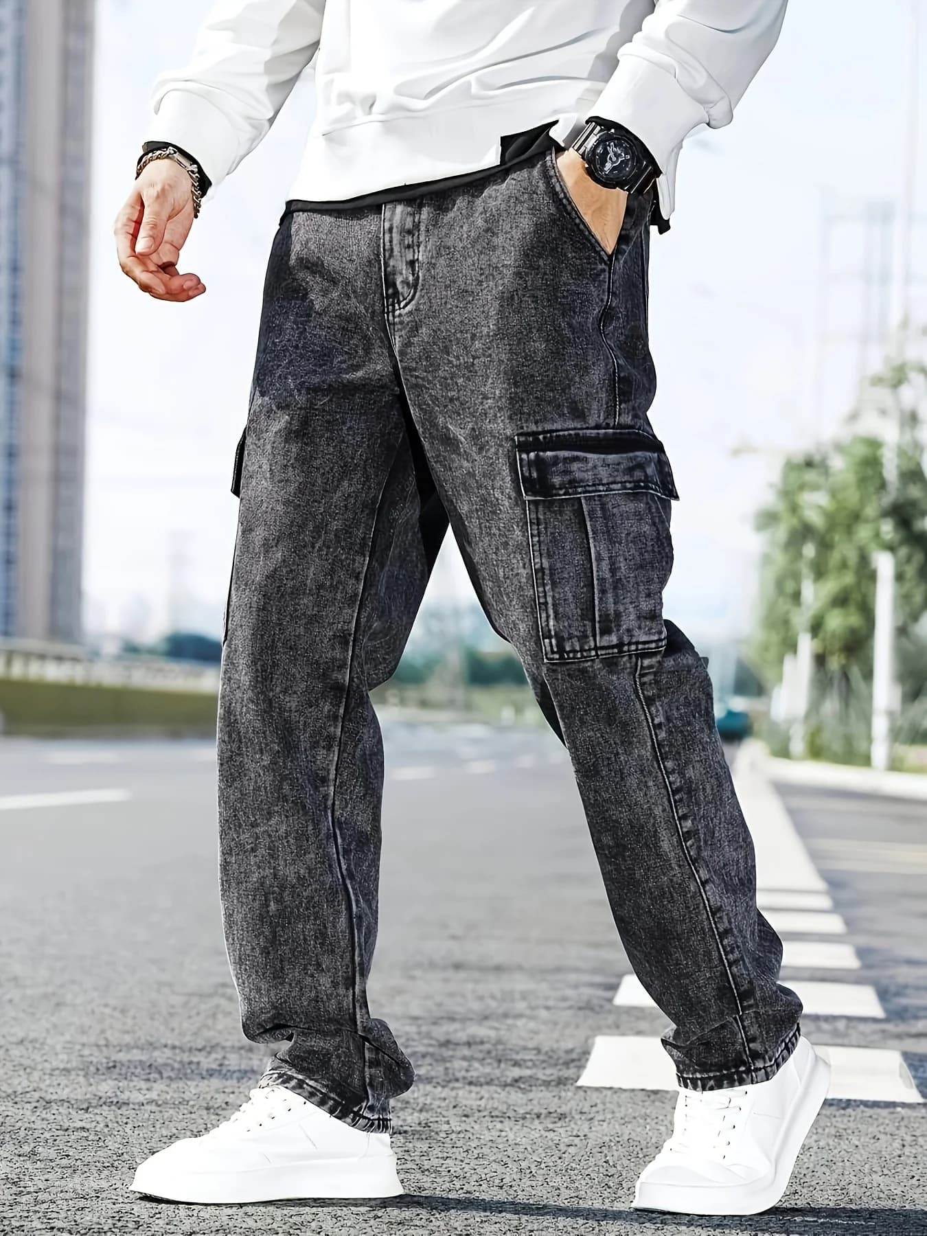 Pantaloni in denim da uomo alla moda, pantaloni da lavoro lavati