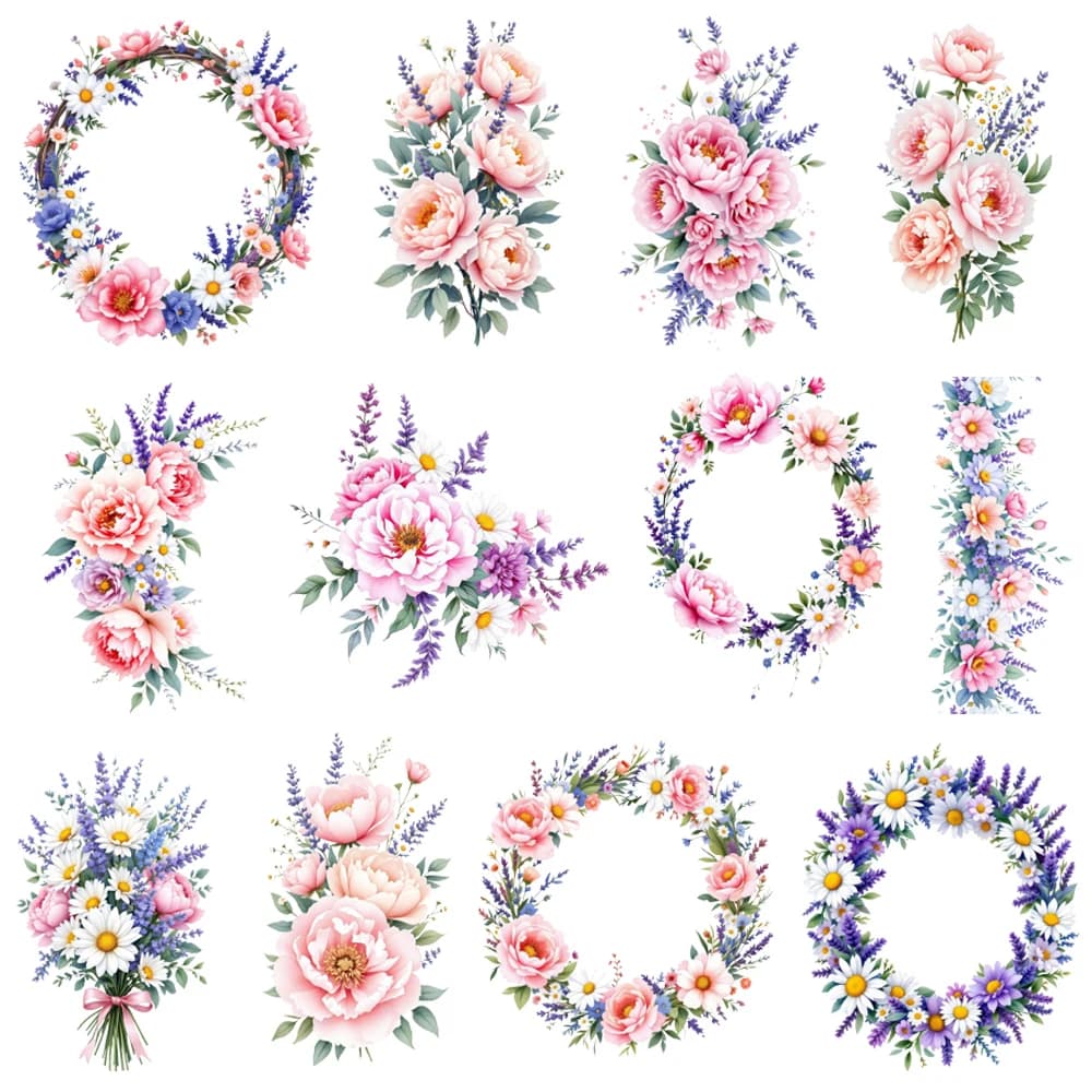 15 cm Bambini Ghirlanda di fiori Garofano Margherita Peonia Ferro su DTF Adesivo per trasferimento di calore T-shirt fai da te Termoadesivo per trasferimento Stampa decalcomania