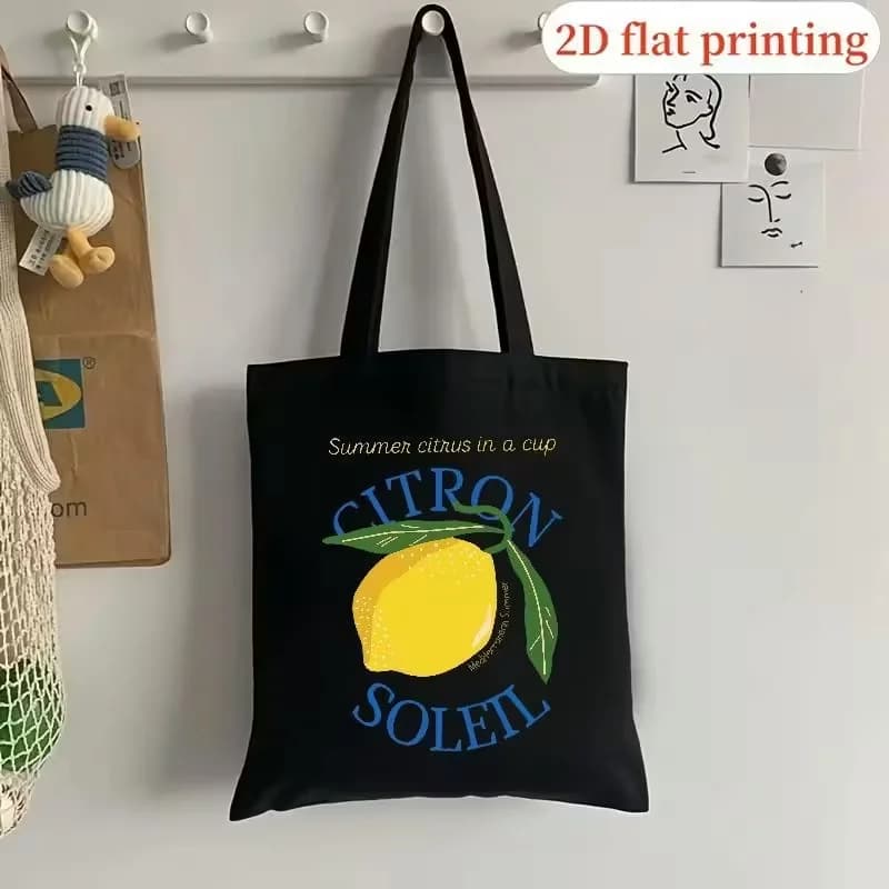 Borsa Tote in Tela con Stampa Limone Estetica - Stampa 'Summer Citrus in a Cup', Borsa Riutilizzabile Ecologica, Shopper in Cotone Nero