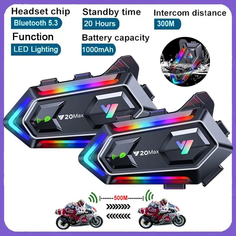 1/2 pz. Auricolare Interfono per Casco Moto Y20 Max, Intercomunicatore Bluetooth 5.3, Batteria Integrata da 300mAh con Luce RGB