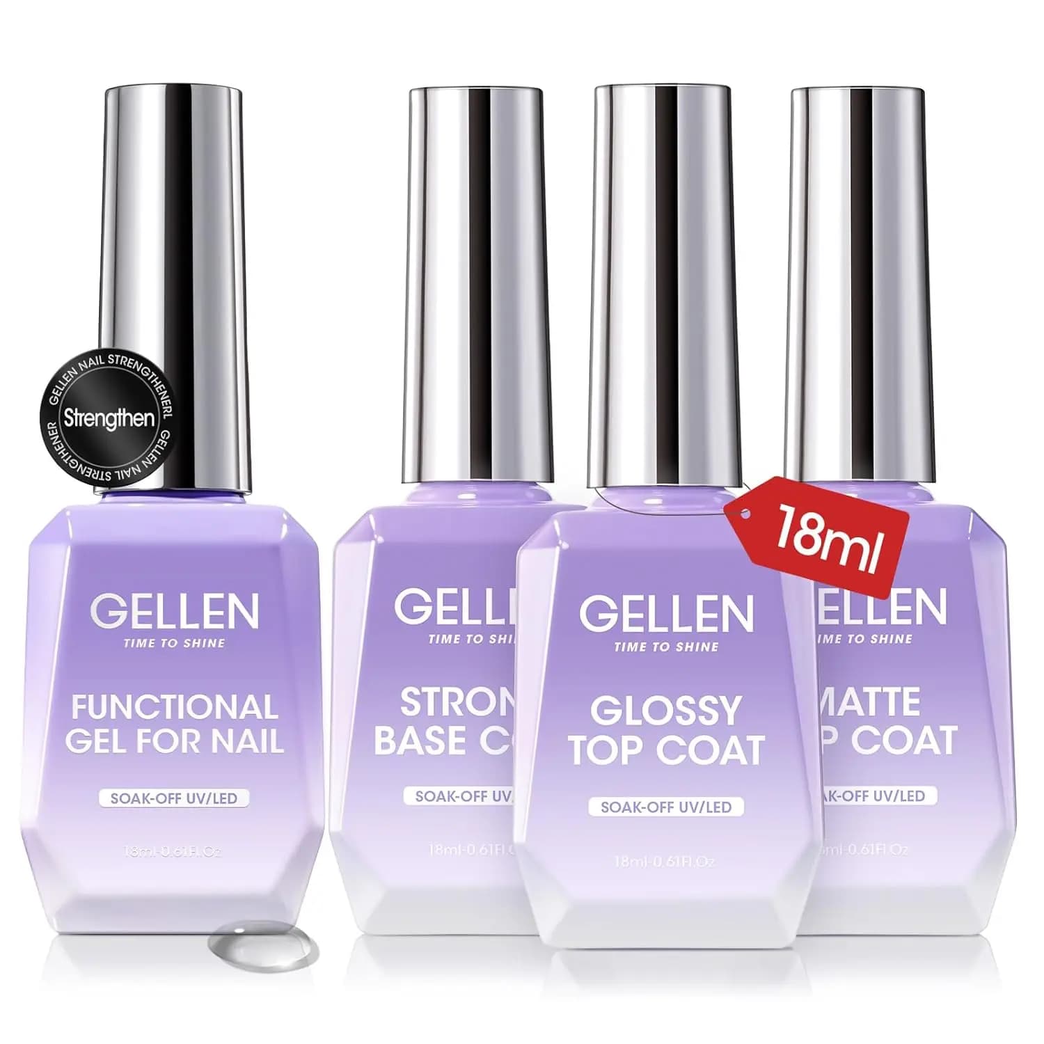 GELLEN Set Professionale per Nail Art 18ml 4 Pezzi Base Top Coat Rinforzante Trasparente Smalto Semipermanente Kit Manicure Fai da Te Lunga Durata