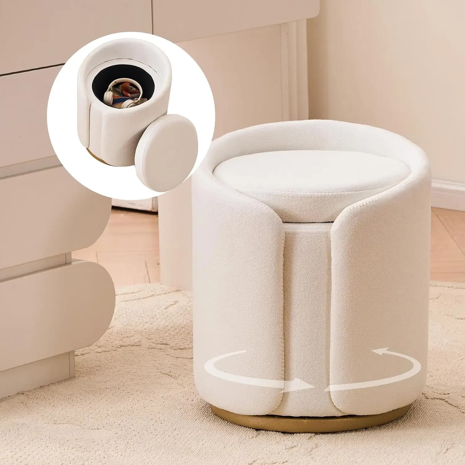 Ottoman with Storage, Round Boucle Vanity Stool No Wheels, Swivel Vanity Chair with Cushion for Girls, Cute Makeup, Customized