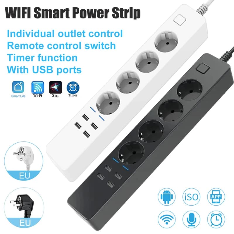 Multipresa Intelligente WiFi Tuya con 4 Prese EU e 4 Porte USB, Porta di Ricarica 5V3.1A, Controllo App e Timer, Compatibile con Alexa e Google Home Assistant