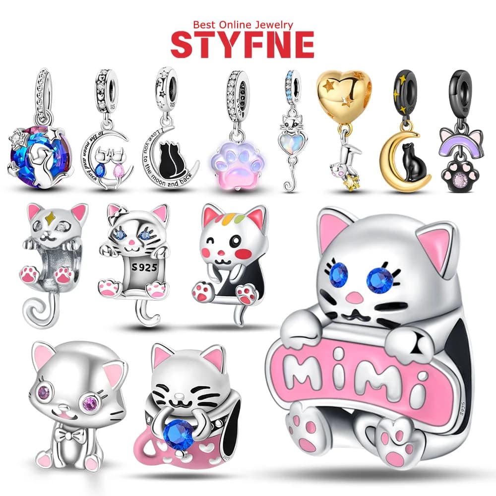 Charms 925 Sterling Silver Beads Pink Cat Blue Zircon Cat Moon Cat Pendant Fit Original Bracelet Woman DIY Jewelry Gifts Making