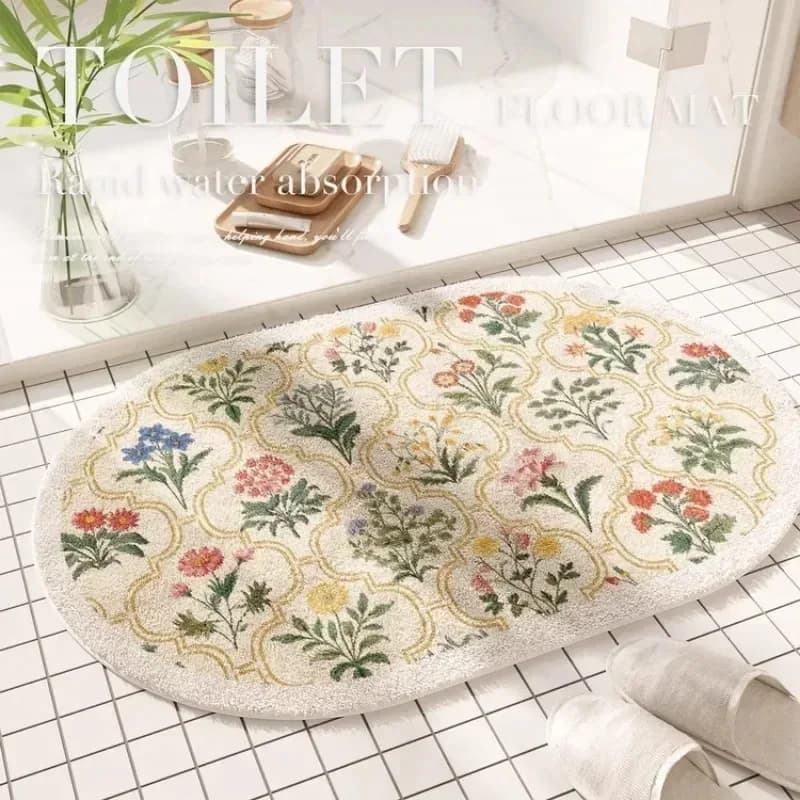 Tappetino Assorbente Antiscivolo VIKAMA per Bagno, Forma Ovale Floreale Bianco Sporco, Adatto per Zona WC, Zona Lavabo, Ingresso Bagno