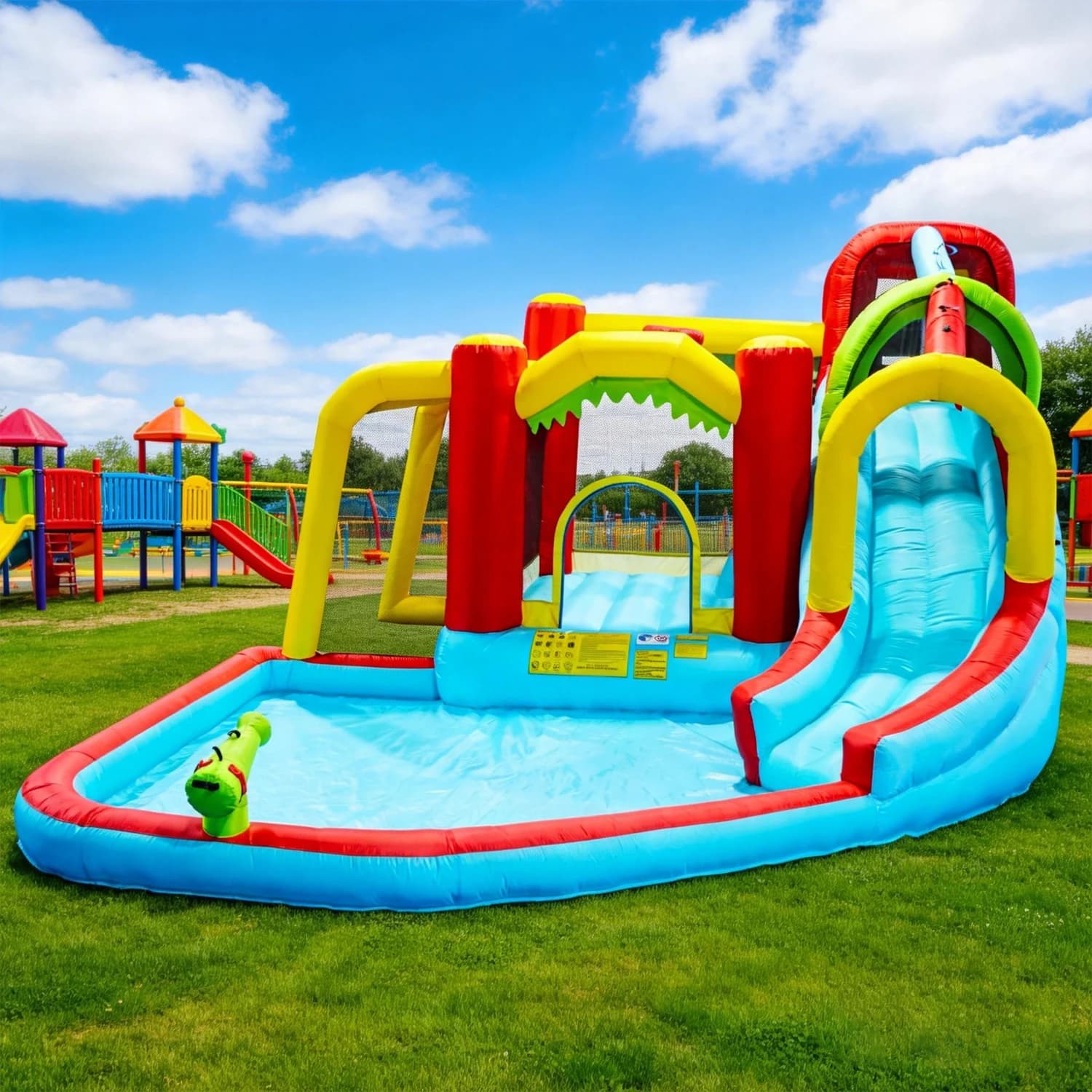 Parco Acquatico Gonfiabile 7in1 con Scivolo, Piscina, Parete da Arrampicata, Canestro, Calcio, Pistola ad Acqua per Feste dei Bambini