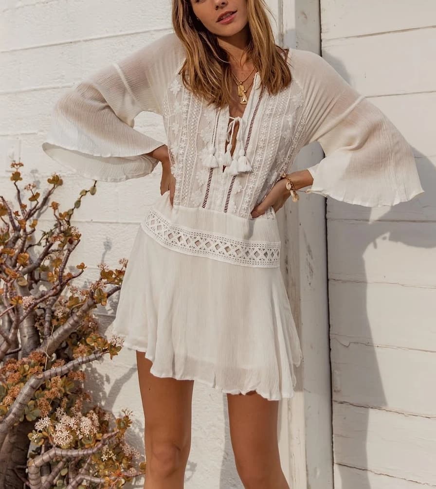 Women's Sexy See-through Lace Short Dress Summer Boho Beach Chiffon Bikini Cover-ups Swimsuit Female Swimwear Sunscreen Blouse