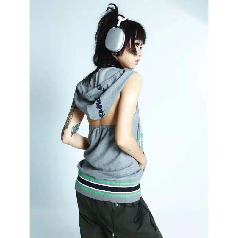 Onalippa Subcultural Punk Y2k Spicy Girl Sport con cappuccio Stampa Gilet appeso al collo 2025 Donne estive Top senza maniche senza schienale unico