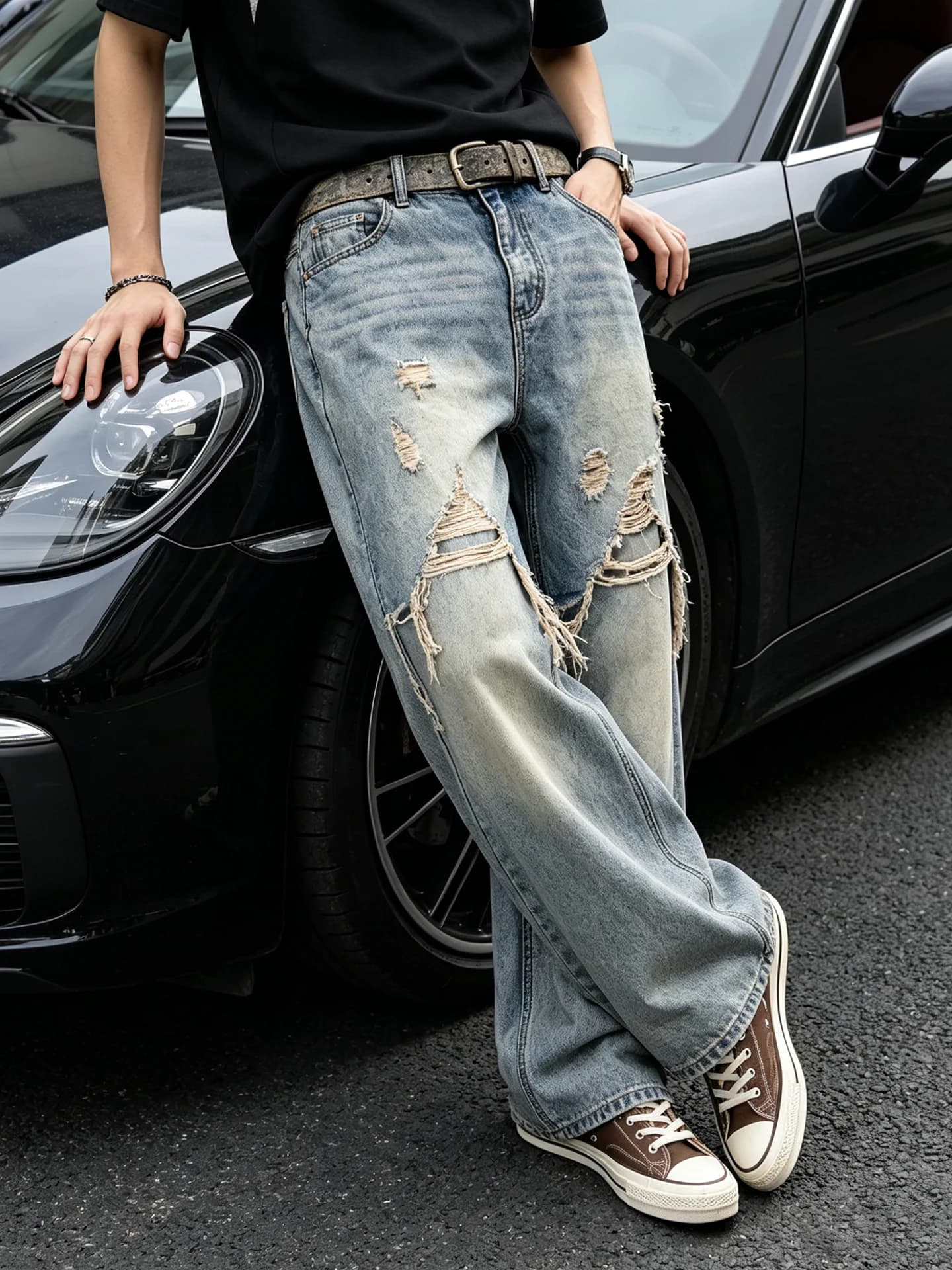 Retro Loose Straight Leg Men's Denim Jeans A-Line Tear-Worn Frayed Wide Leg Long Trousers Comfortable Soft Summer Jeans